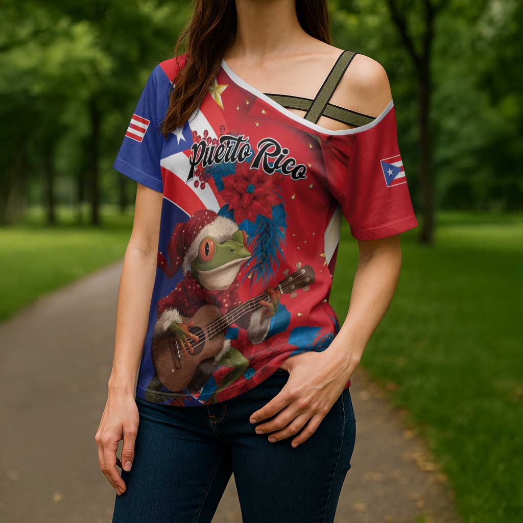 Personalized Puerto Rico Christmas Cross Shoulder Shirt Coqui Frog Playing Guitar - Wonder Print Shop