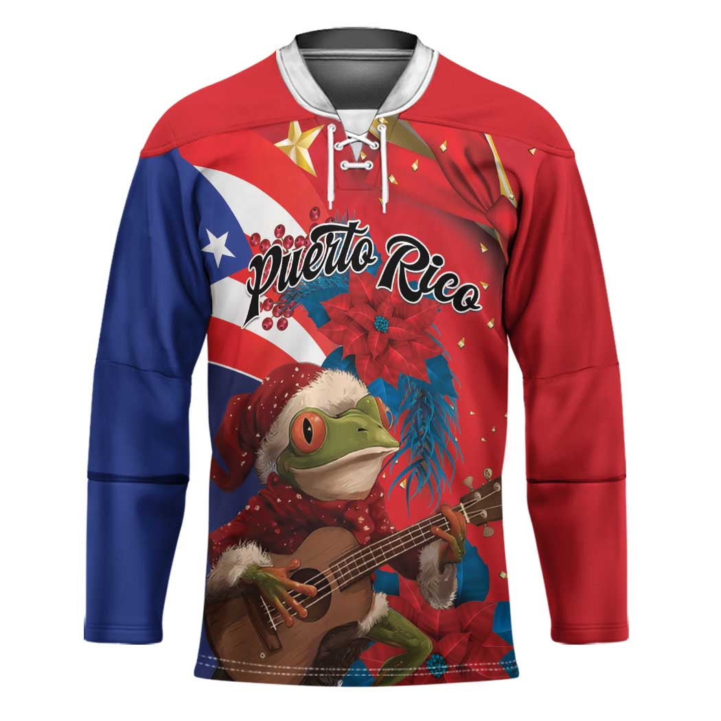 Personalized Puerto Rico Christmas Hockey Jersey Coqui Frog Playing Guitar - Wonder Print Shop