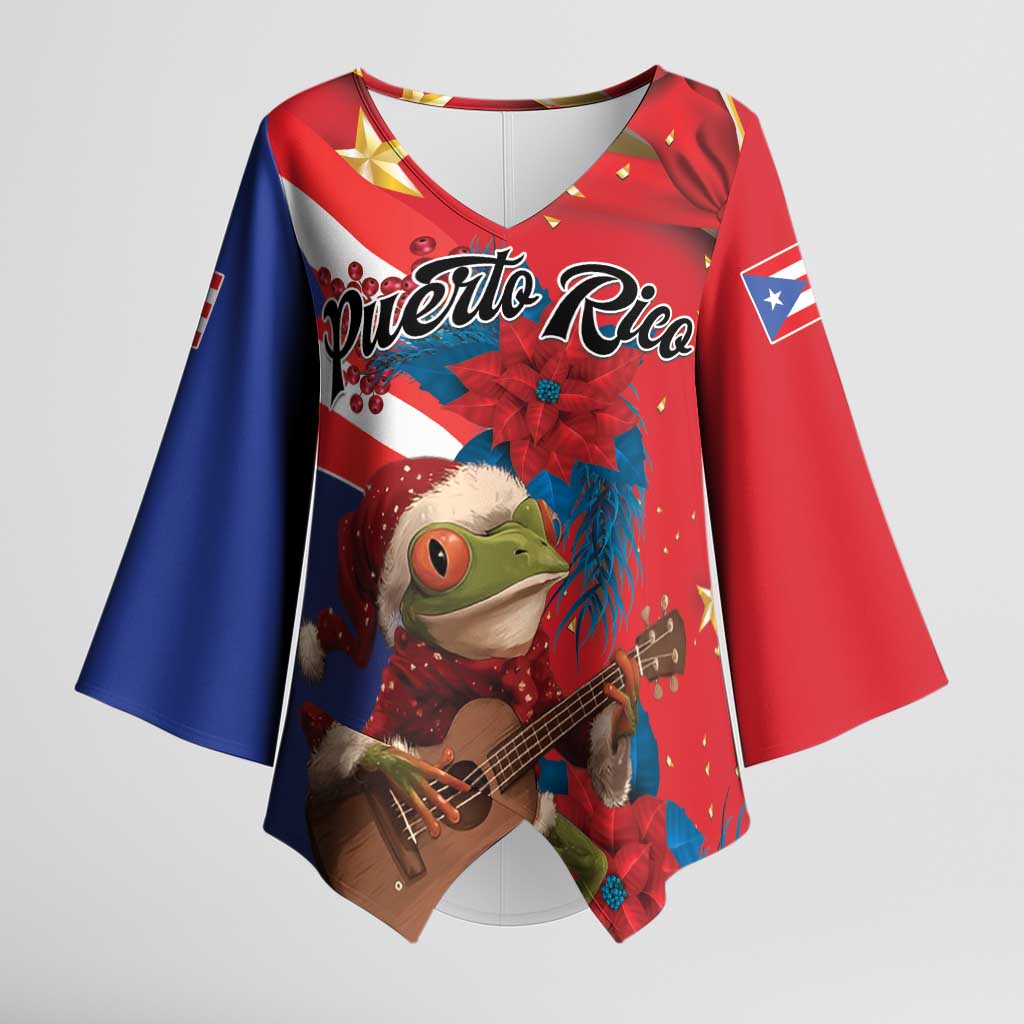 Personalized Puerto Rico Christmas Kimono Sleeve Blouse Coqui Frog Playing Guitar - Wonder Print Shop