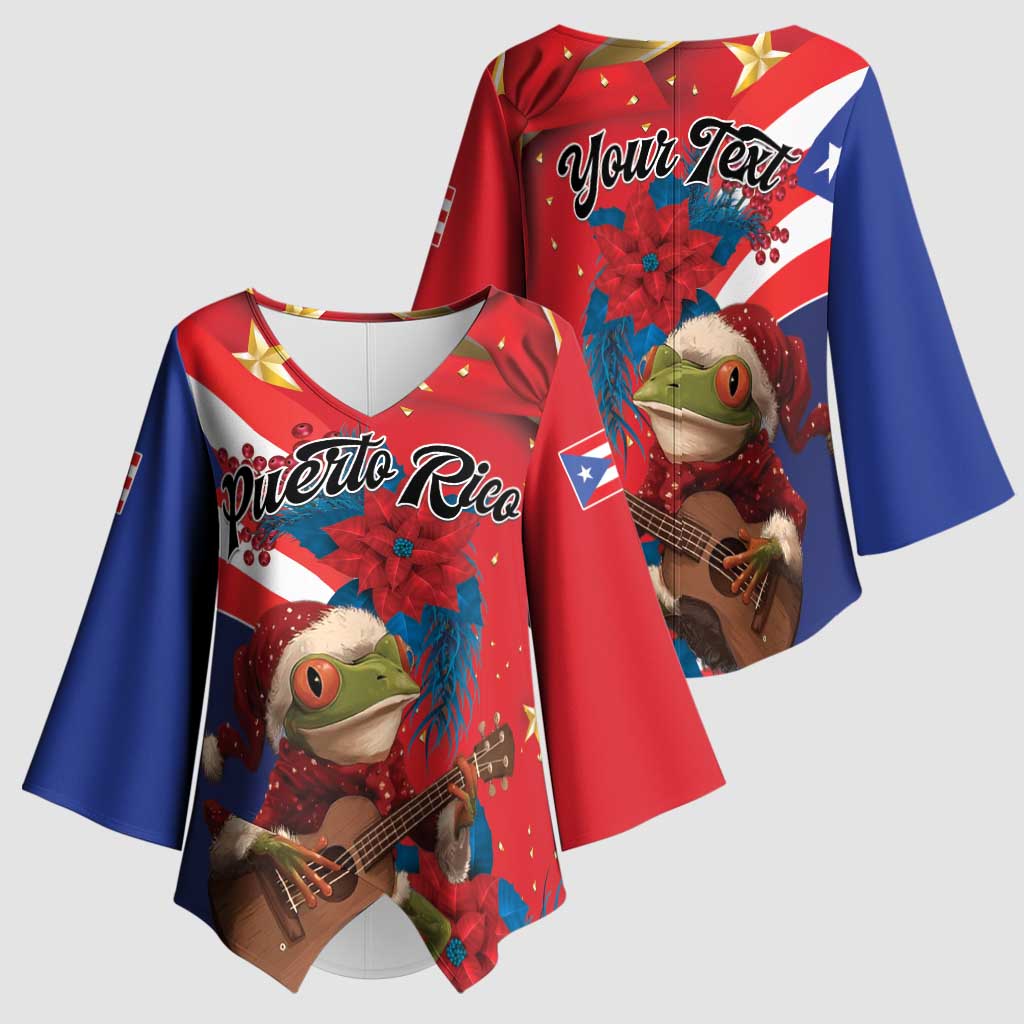 Personalized Puerto Rico Christmas Kimono Sleeve Blouse Coqui Frog Playing Guitar - Wonder Print Shop