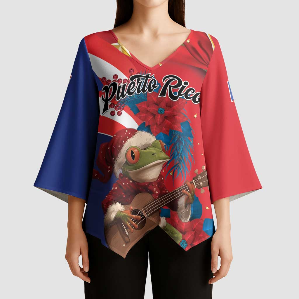 Personalized Puerto Rico Christmas Kimono Sleeve Blouse Coqui Frog Playing Guitar - Wonder Print Shop
