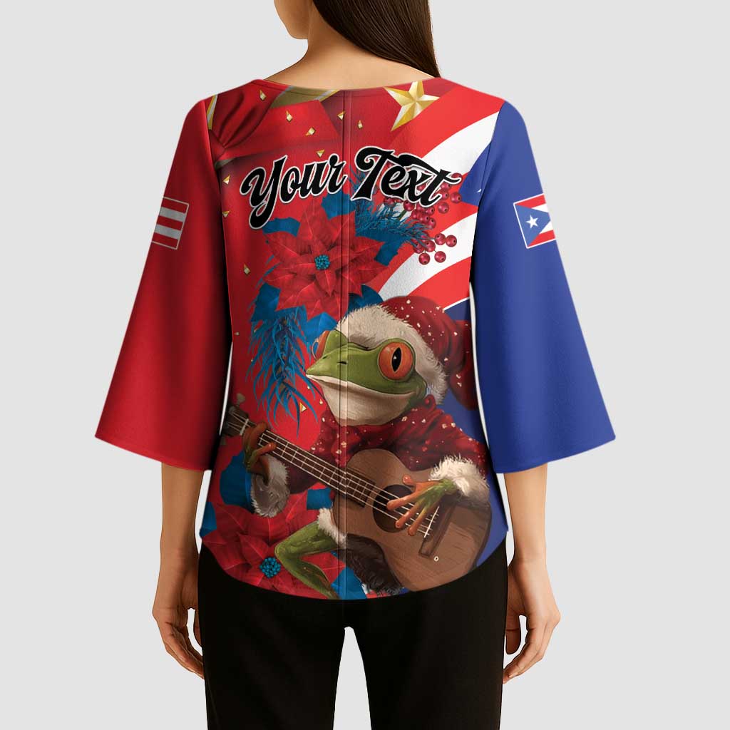 Personalized Puerto Rico Christmas Kimono Sleeve Blouse Coqui Frog Playing Guitar - Wonder Print Shop