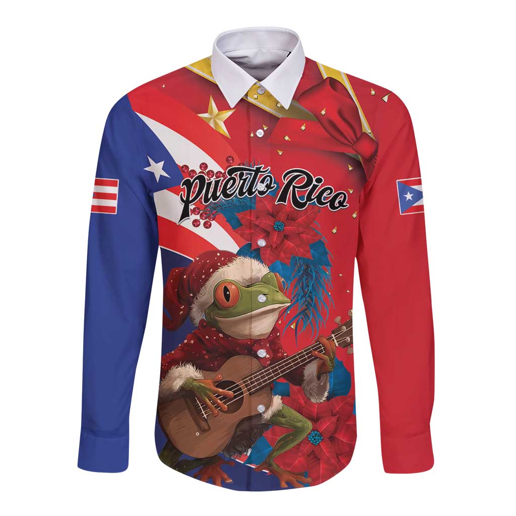 Personalized Puerto Rico Christmas Long Sleeve Button Shirt Coqui Frog Playing Guitar - Wonder Print Shop