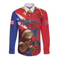 Personalized Puerto Rico Christmas Long Sleeve Button Shirt Coqui Frog Playing Guitar - Wonder Print Shop