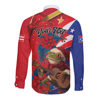 Personalized Puerto Rico Christmas Long Sleeve Button Shirt Coqui Frog Playing Guitar - Wonder Print Shop