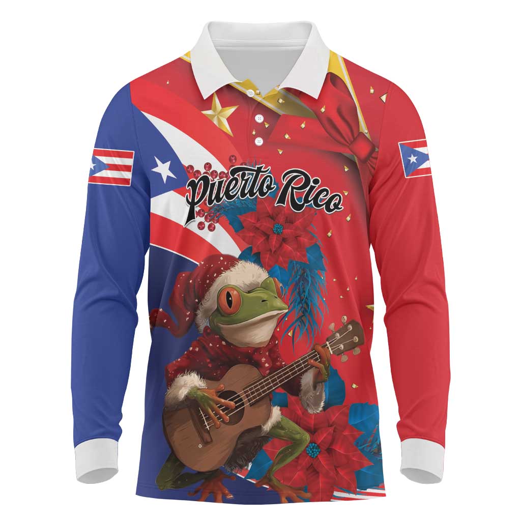 Personalized Puerto Rico Christmas Long Sleeve Polo Shirt Coqui Frog Playing Guitar - Wonder Print Shop