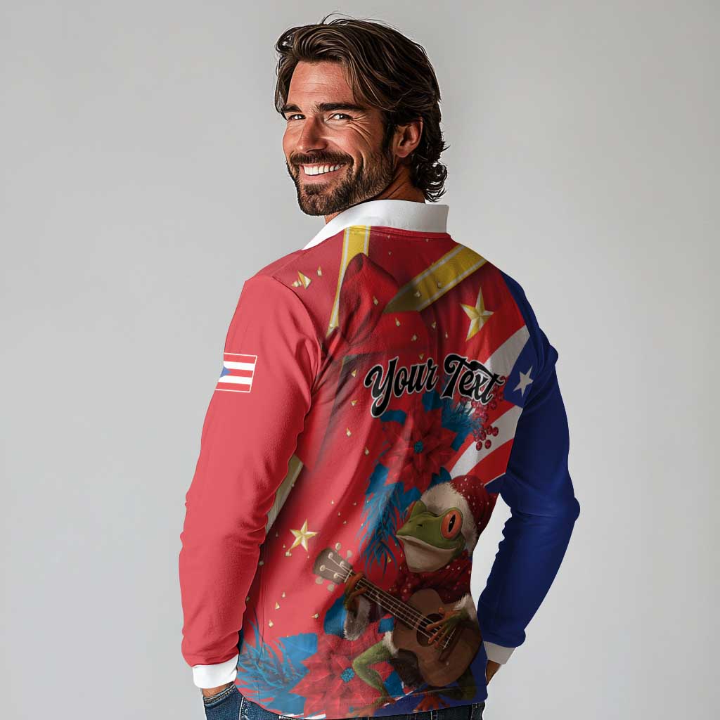 Personalized Puerto Rico Christmas Long Sleeve Polo Shirt Coqui Frog Playing Guitar - Wonder Print Shop