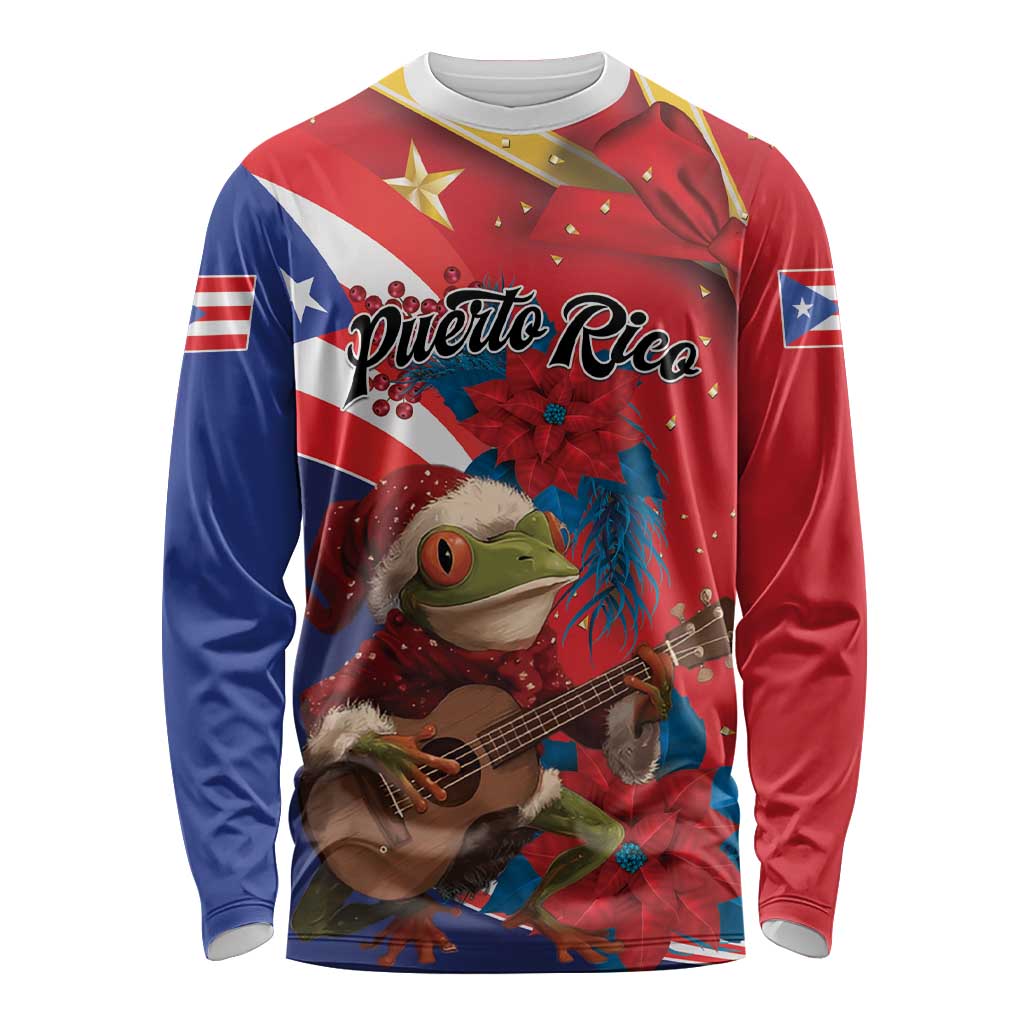Personalized Puerto Rico Christmas Long Sleeve Shirt Coqui Frog Playing Guitar - Wonder Print Shop