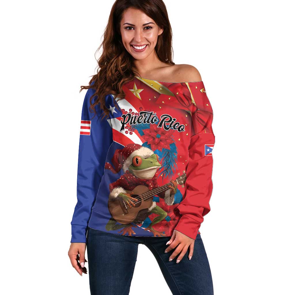 Personalized Puerto Rico Christmas Off Shoulder Sweater Coqui Frog Playing Guitar - Wonder Print Shop