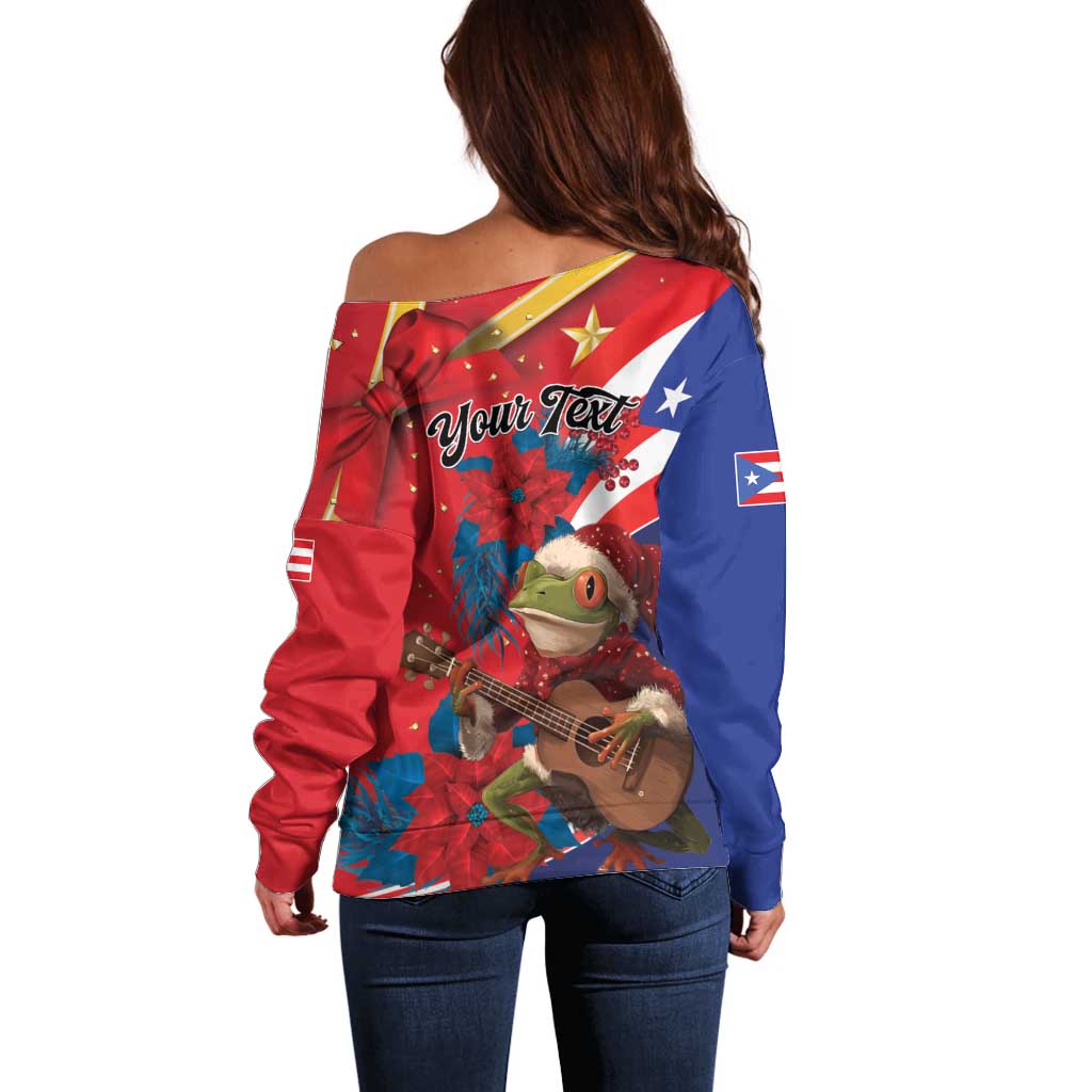 Personalized Puerto Rico Christmas Off Shoulder Sweater Coqui Frog Playing Guitar - Wonder Print Shop