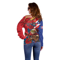 Personalized Puerto Rico Christmas Off Shoulder Sweater Coqui Frog Playing Guitar - Wonder Print Shop
