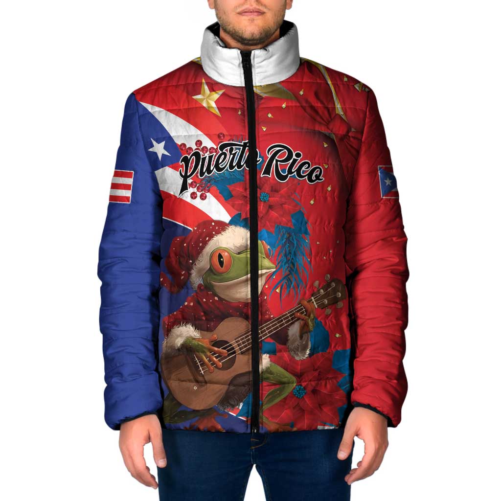 Personalized Puerto Rico Christmas Padded Jacket Coqui Frog Playing Guitar - Wonder Print Shop