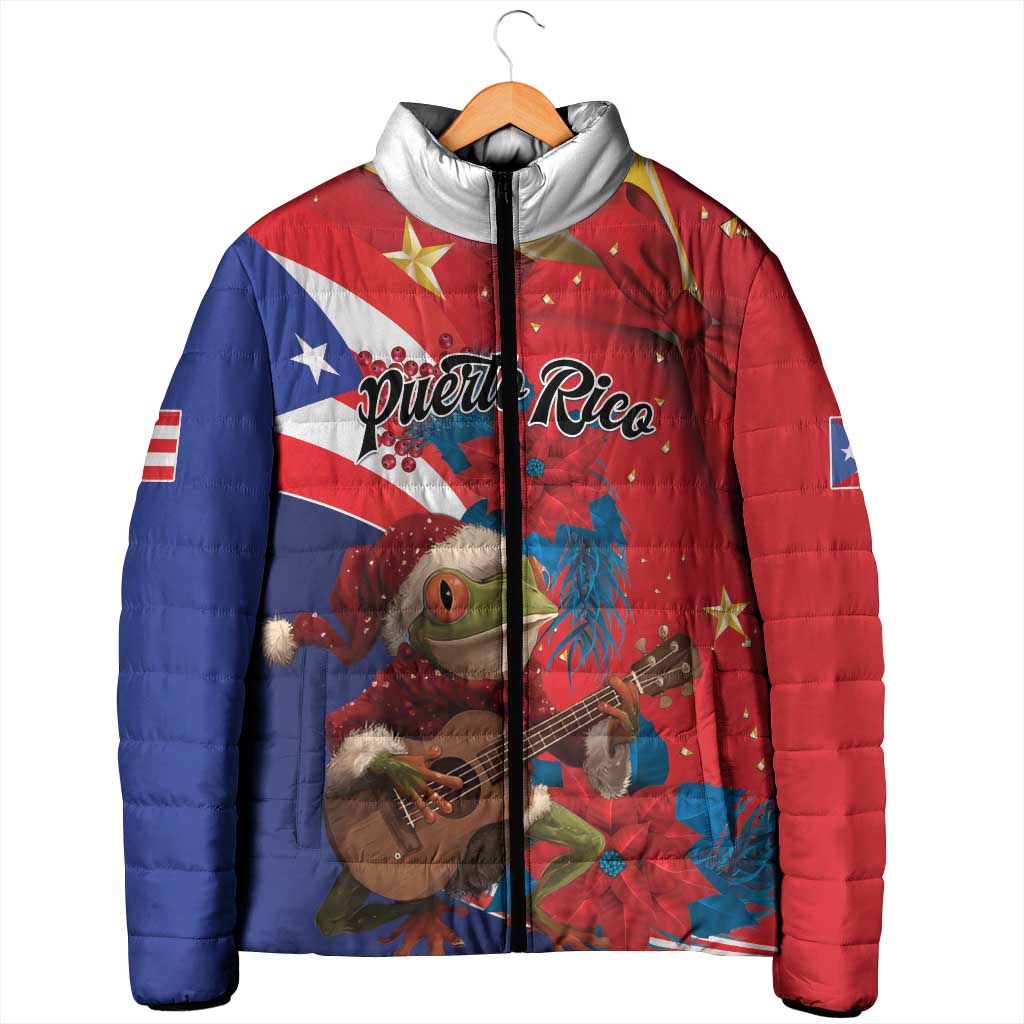 Personalized Puerto Rico Christmas Padded Jacket Coqui Frog Playing Guitar - Wonder Print Shop