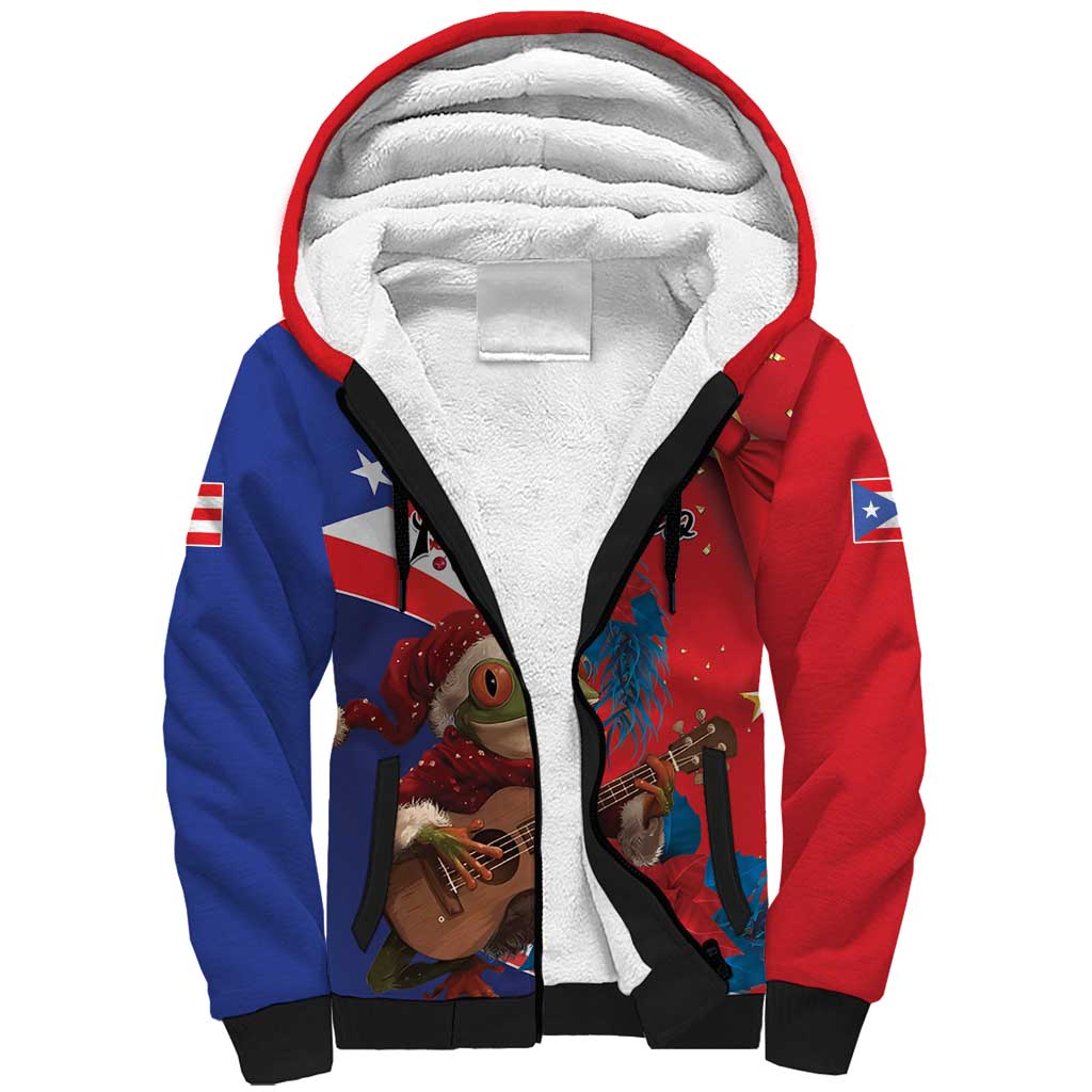 Personalized Puerto Rico Christmas Sherpa Hoodie Coqui Frog Playing Guitar - Wonder Print Shop