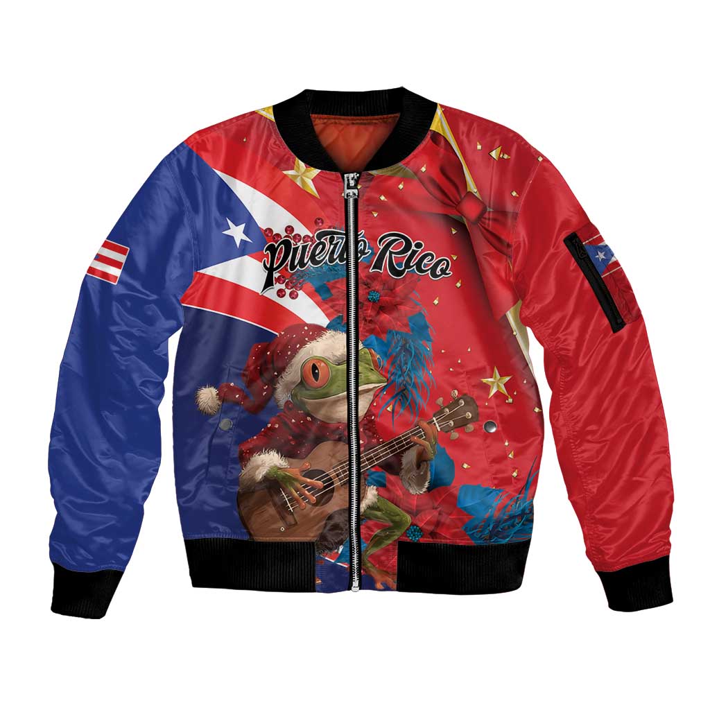 Personalized Puerto Rico Christmas Sleeve Zip Bomber Jacket Coqui Frog Playing Guitar - Wonder Print Shop