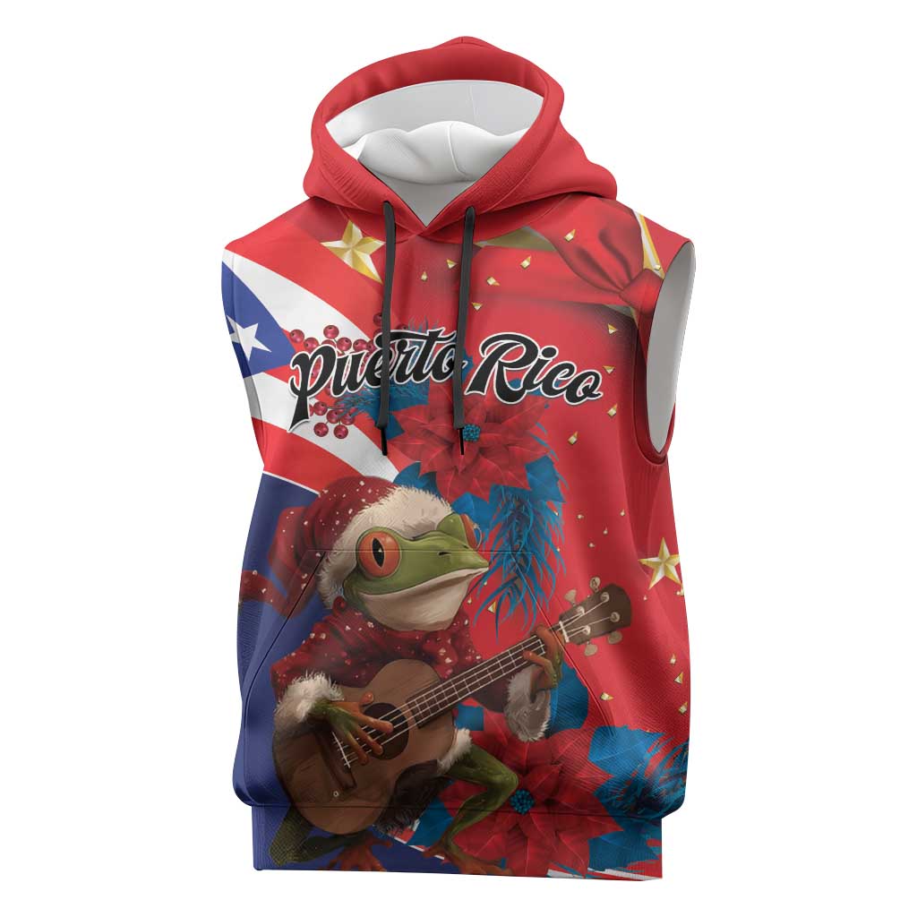 Personalized Puerto Rico Christmas Sleeveless Hoodie Coqui Frog Playing Guitar - Wonder Print Shop
