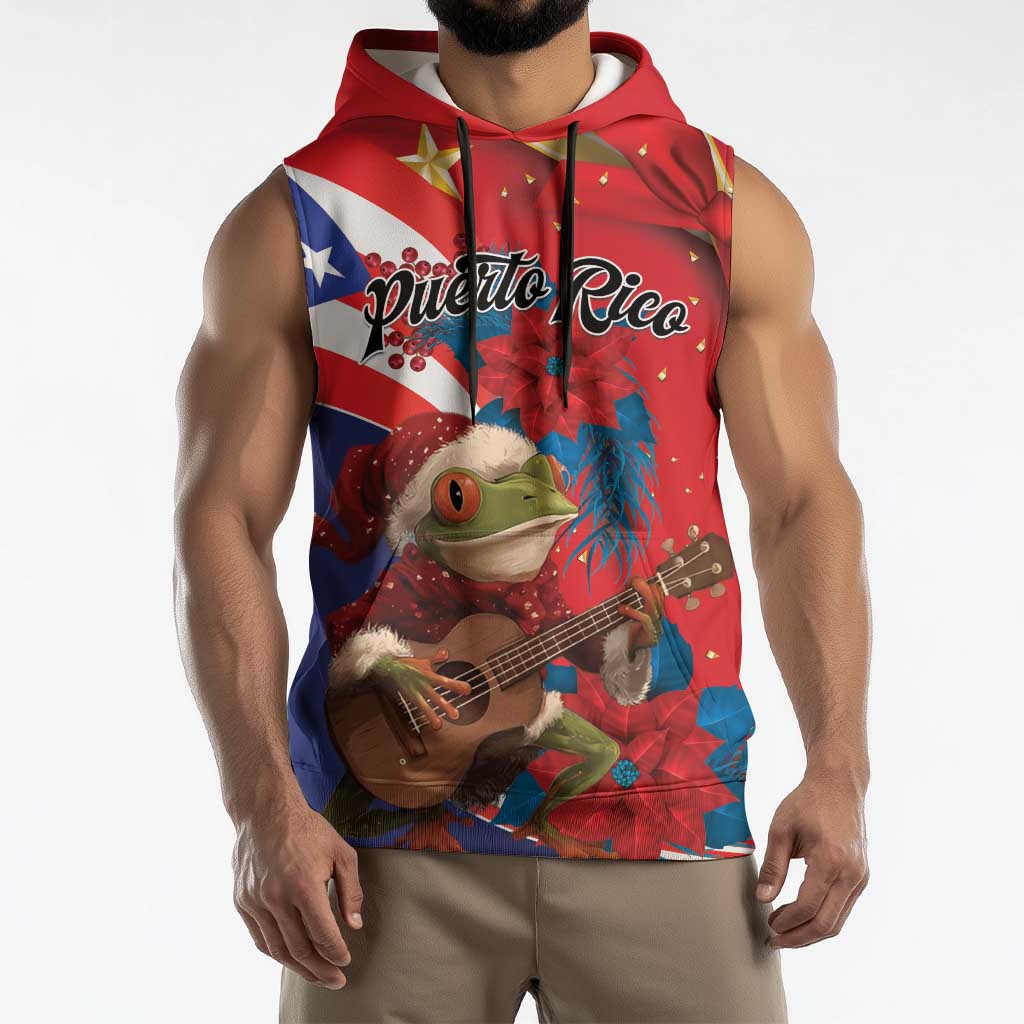Personalized Puerto Rico Christmas Sleeveless Hoodie Coqui Frog Playing Guitar - Wonder Print Shop