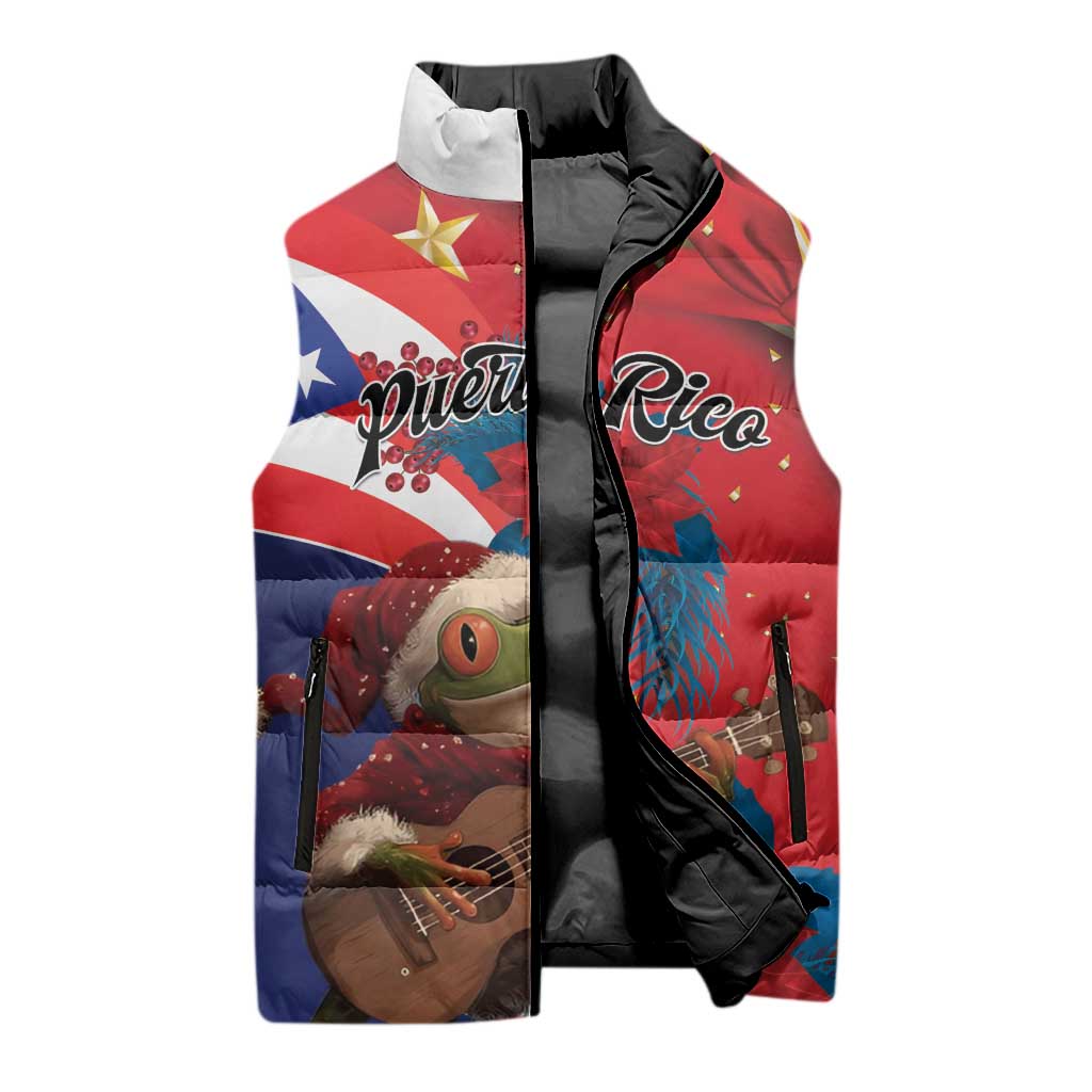 Personalized Puerto Rico Christmas Sleeveless Puffer Jacket Coqui Frog Playing Guitar - Wonder Print Shop