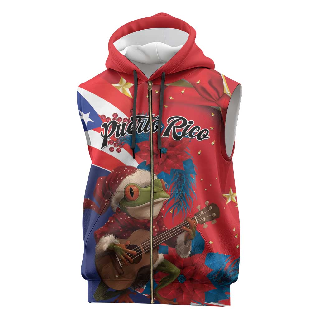 Personalized Puerto Rico Christmas Sleeveless Zip Hoodie Coqui Frog Playing Guitar - Wonder Print Shop