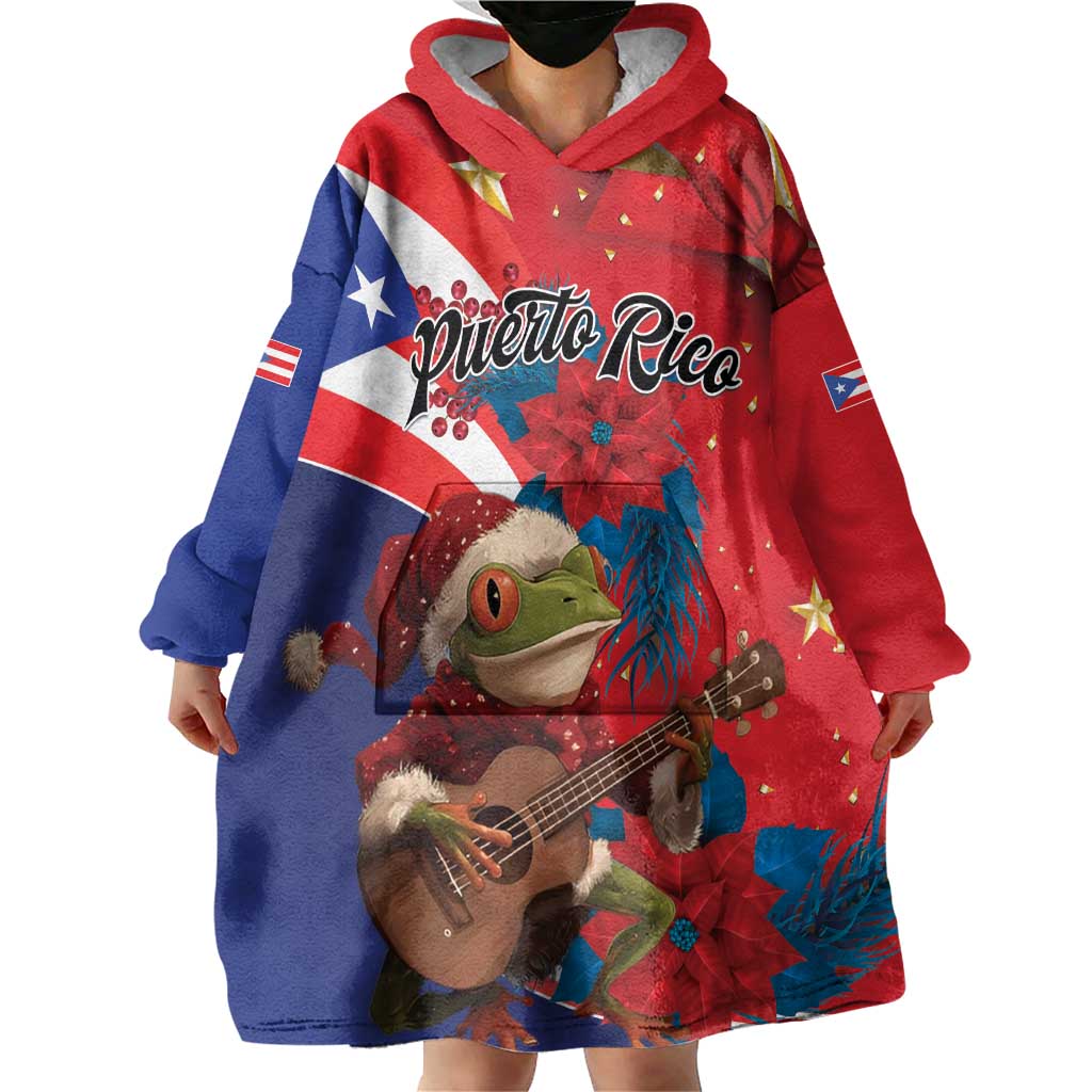 Personalized Puerto Rico Christmas Wearable Blanket Hoodie Coqui Frog Playing Guitar - Wonder Print Shop