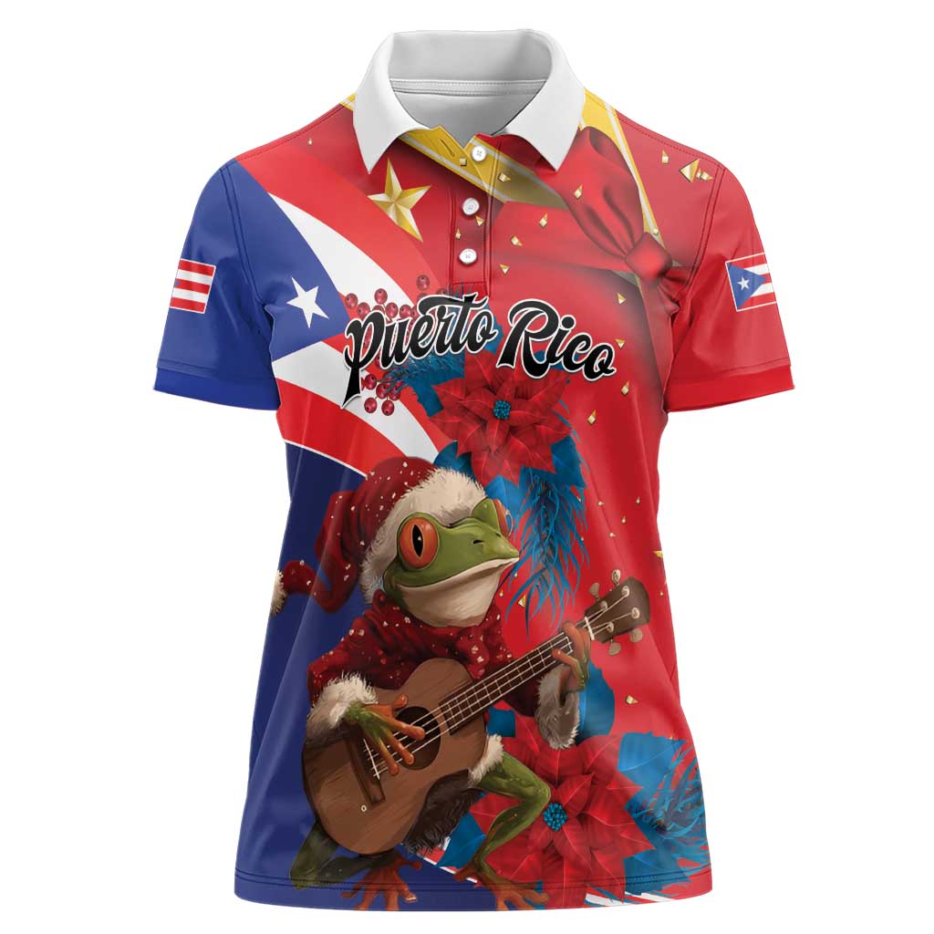Personalized Puerto Rico Christmas Women Polo Shirt Coqui Frog Playing Guitar - Wonder Print Shop