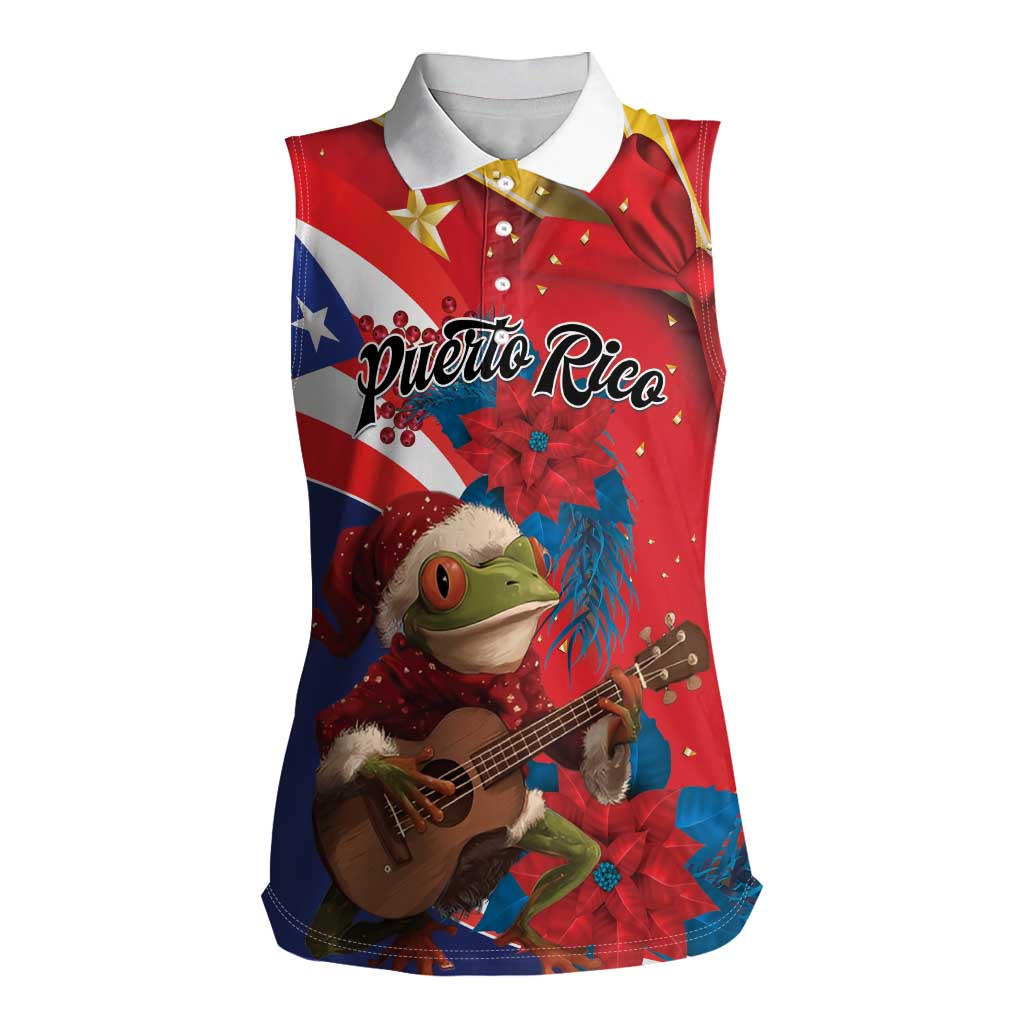 Personalized Puerto Rico Christmas Women Sleeveless Polo Shirt Coqui Frog Playing Guitar - Wonder Print Shop