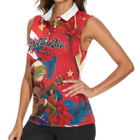 Personalized Puerto Rico Christmas Women Sleeveless Polo Shirt Coqui Frog Playing Guitar - Wonder Print Shop