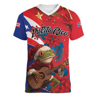 Personalized Puerto Rico Christmas Women V-Neck T-Shirt Coqui Frog Playing Guitar - Wonder Print Shop