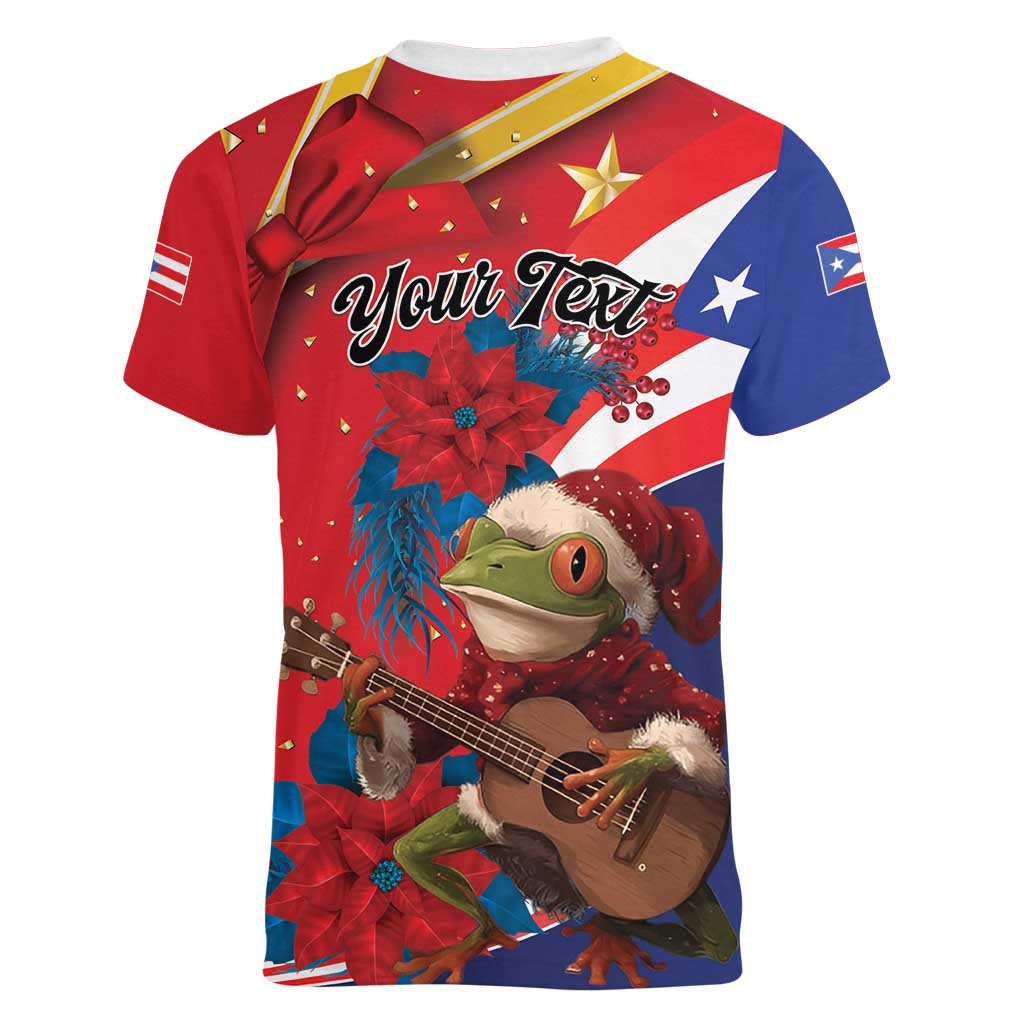 Personalized Puerto Rico Christmas Women V-Neck T-Shirt Coqui Frog Playing Guitar - Wonder Print Shop