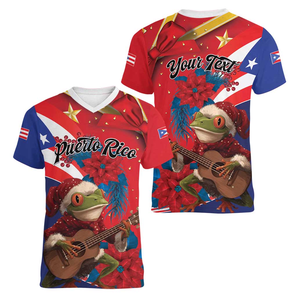 Personalized Puerto Rico Christmas Women V-Neck T-Shirt Coqui Frog Playing Guitar - Wonder Print Shop