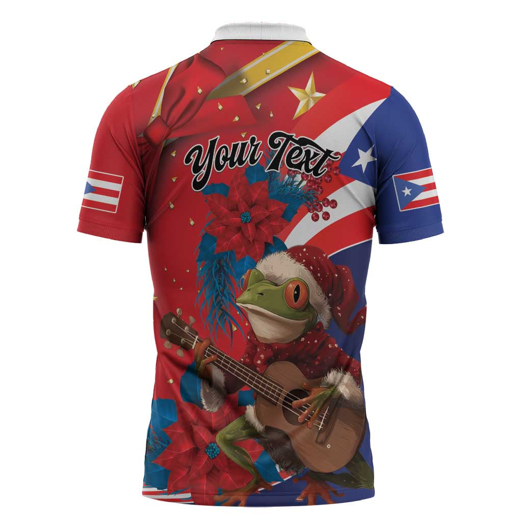Personalized Puerto Rico Christmas Zipper Polo Shirt Coqui Frog Playing Guitar - Wonder Print Shop