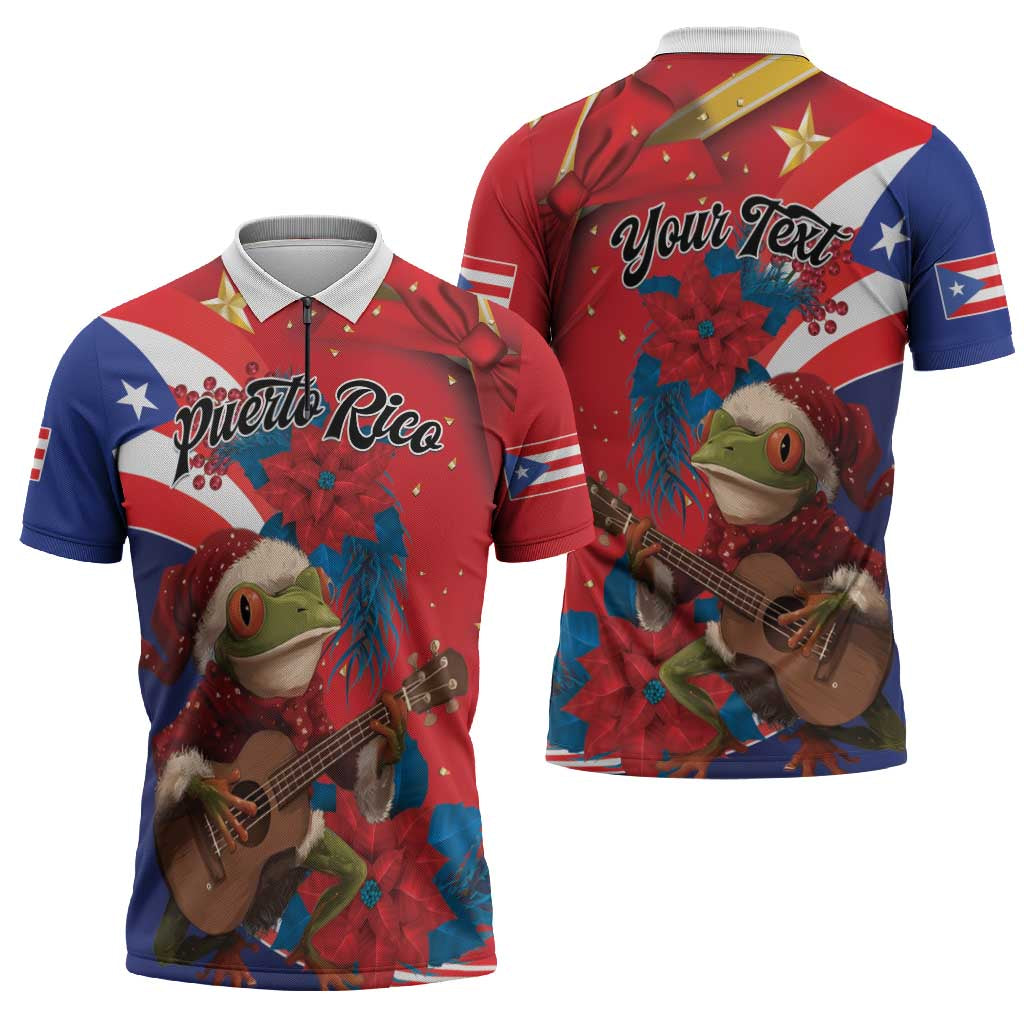 Personalized Puerto Rico Christmas Zipper Polo Shirt Coqui Frog Playing Guitar - Wonder Print Shop