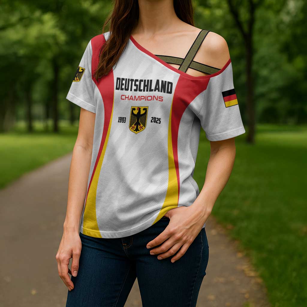 Custom Germany 2025 Champions Basketball White Cross Shoulder Shirt - Wonder Print Shop