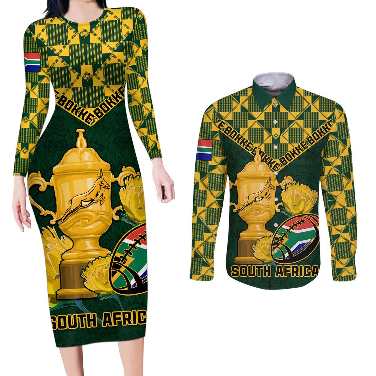 Custom South Africa Rugby Couples Matching Long Sleeve Bodycon Dress and Long Sleeve Button Shirt Go Bokke Champion 2023 World Cup - Wonder Print Shop