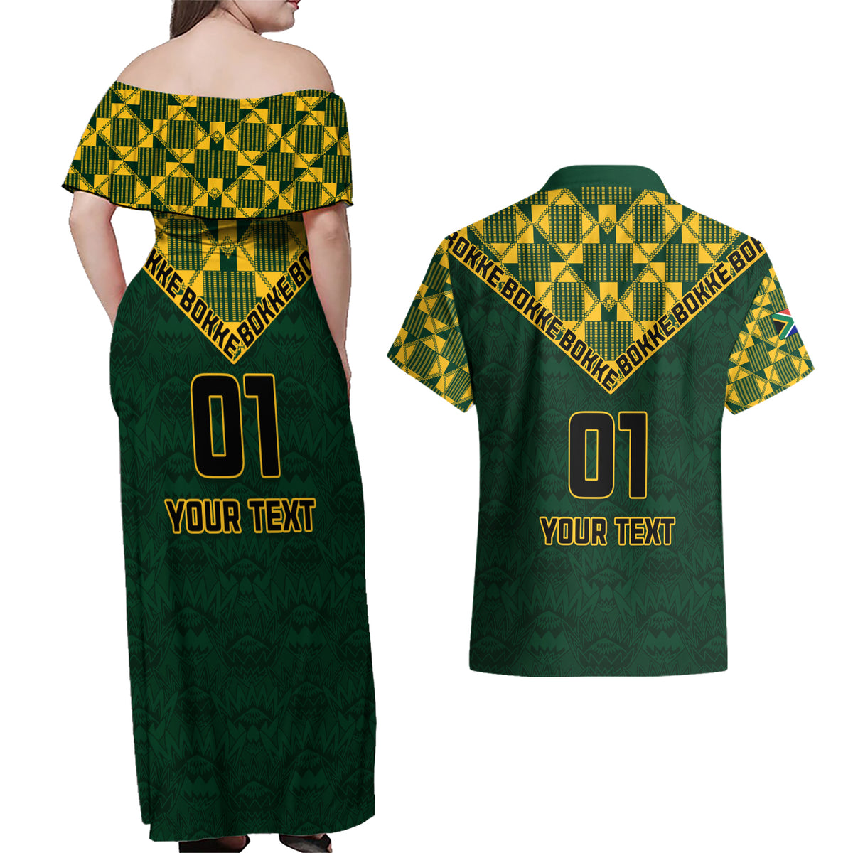 Custom South Africa Rugby Couples Matching Off Shoulder Maxi Dress and Hawaiian Shirt Go Bokke Champion 2023 World Cup - Wonder Print Shop