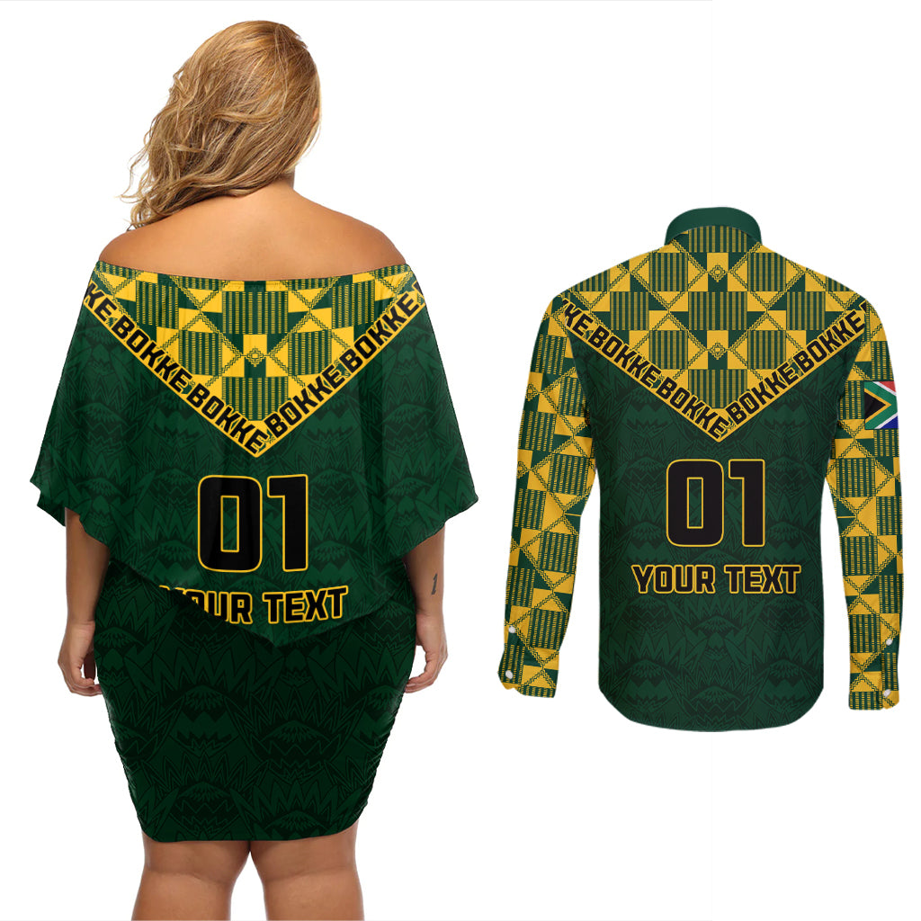 Custom South Africa Rugby Couples Matching Off Shoulder Short Dress and Long Sleeve Button Shirt Go Bokke Champion 2023 World Cup - Wonder Print Shop