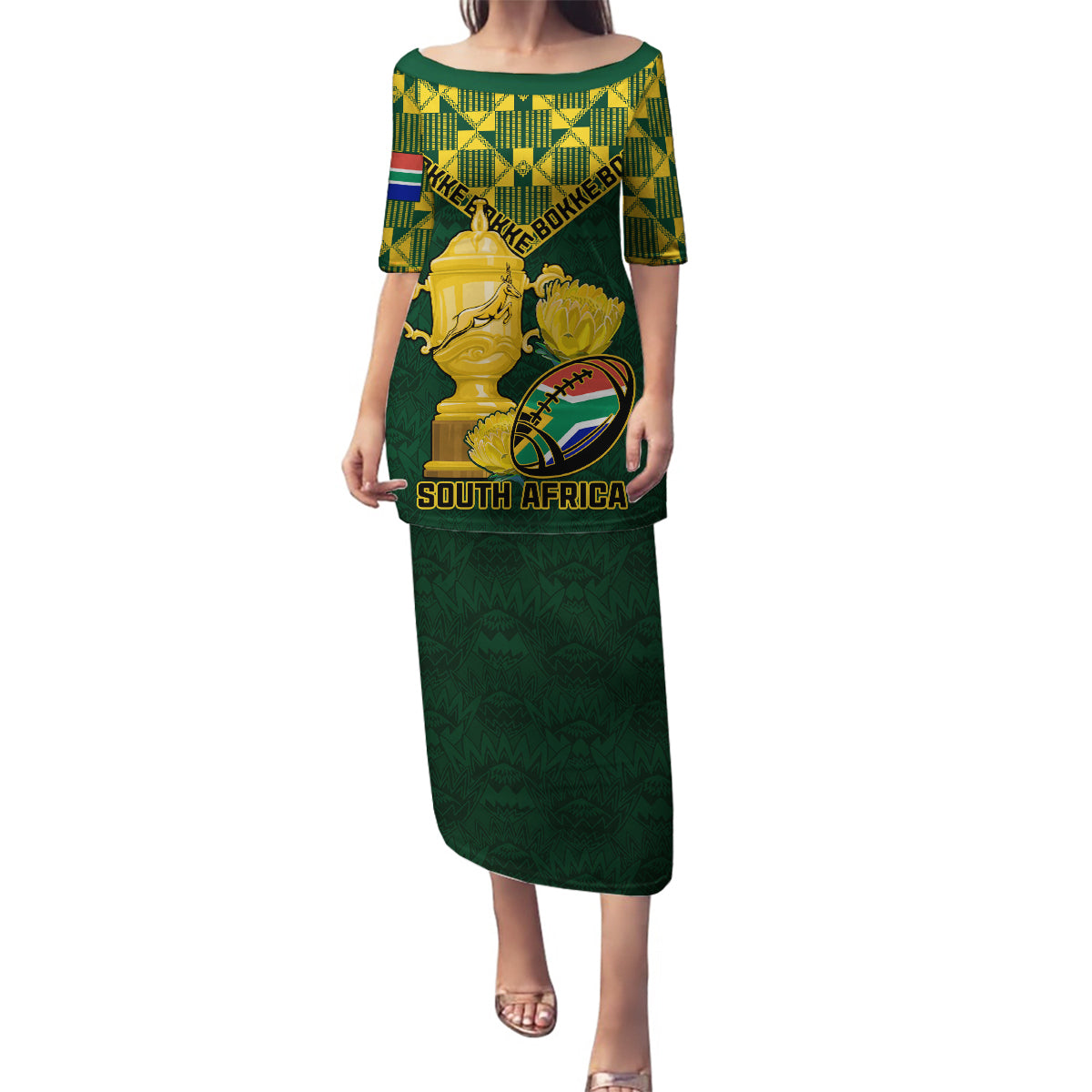 Custom South Africa Rugby Family Matching Puletasi Dress and Hawaiian Shirt Go Bokke Champion 2023 World Cup - Wonder Print Shop