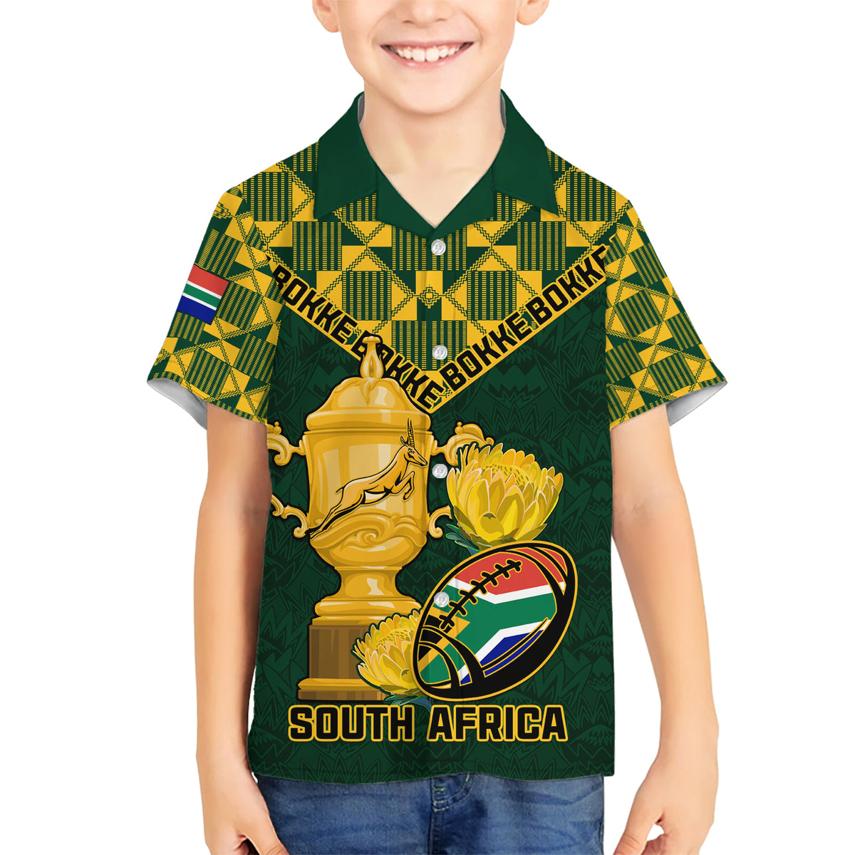 Custom South Africa Rugby Family Matching Short Sleeve Bodycon Dress and Hawaiian Shirt Go Bokke Champion 2023 World Cup - Wonder Print Shop