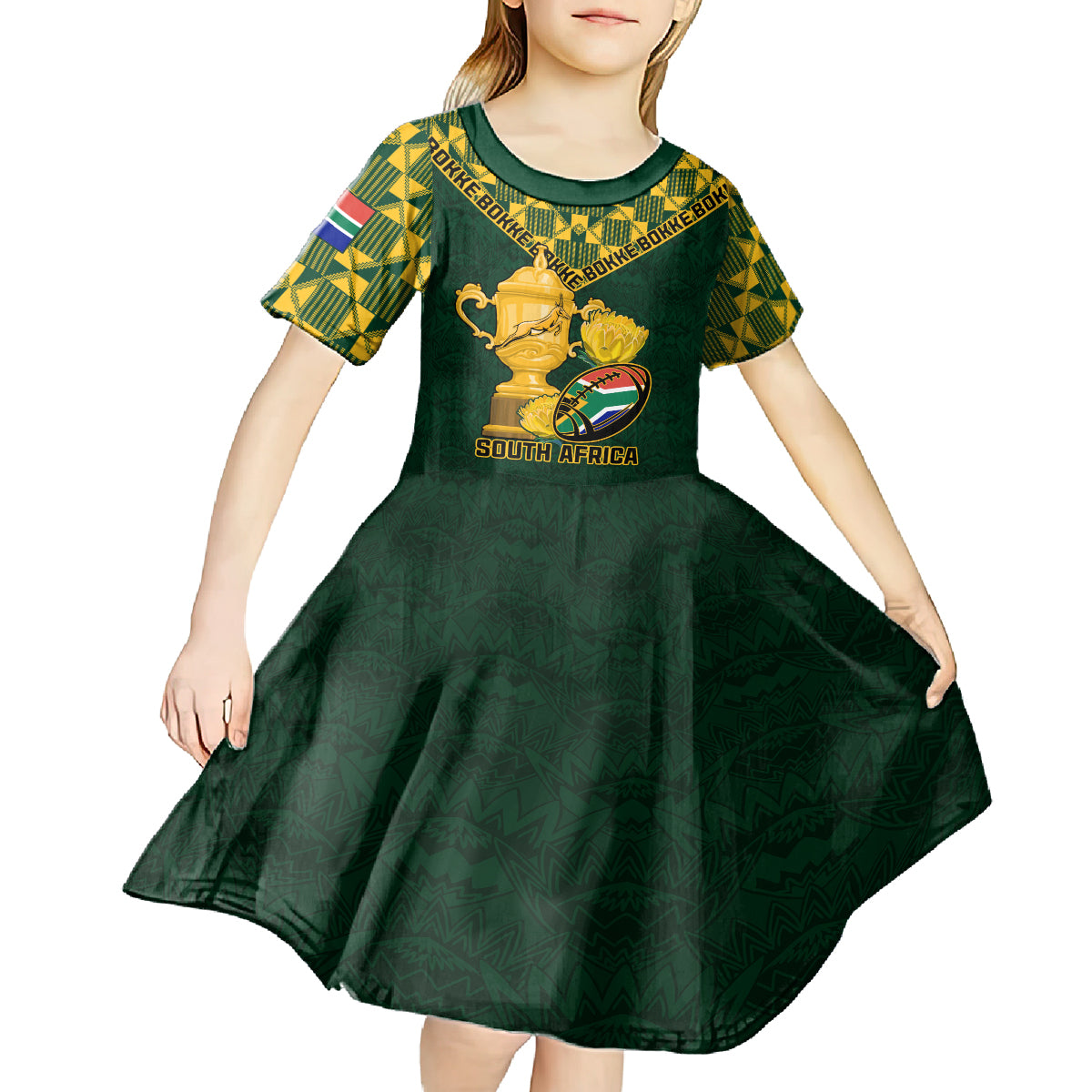 Custom South Africa Rugby Kid Short Sleeve Dress Go Bokke Champion 2023 World Cup - Wonder Print Shop