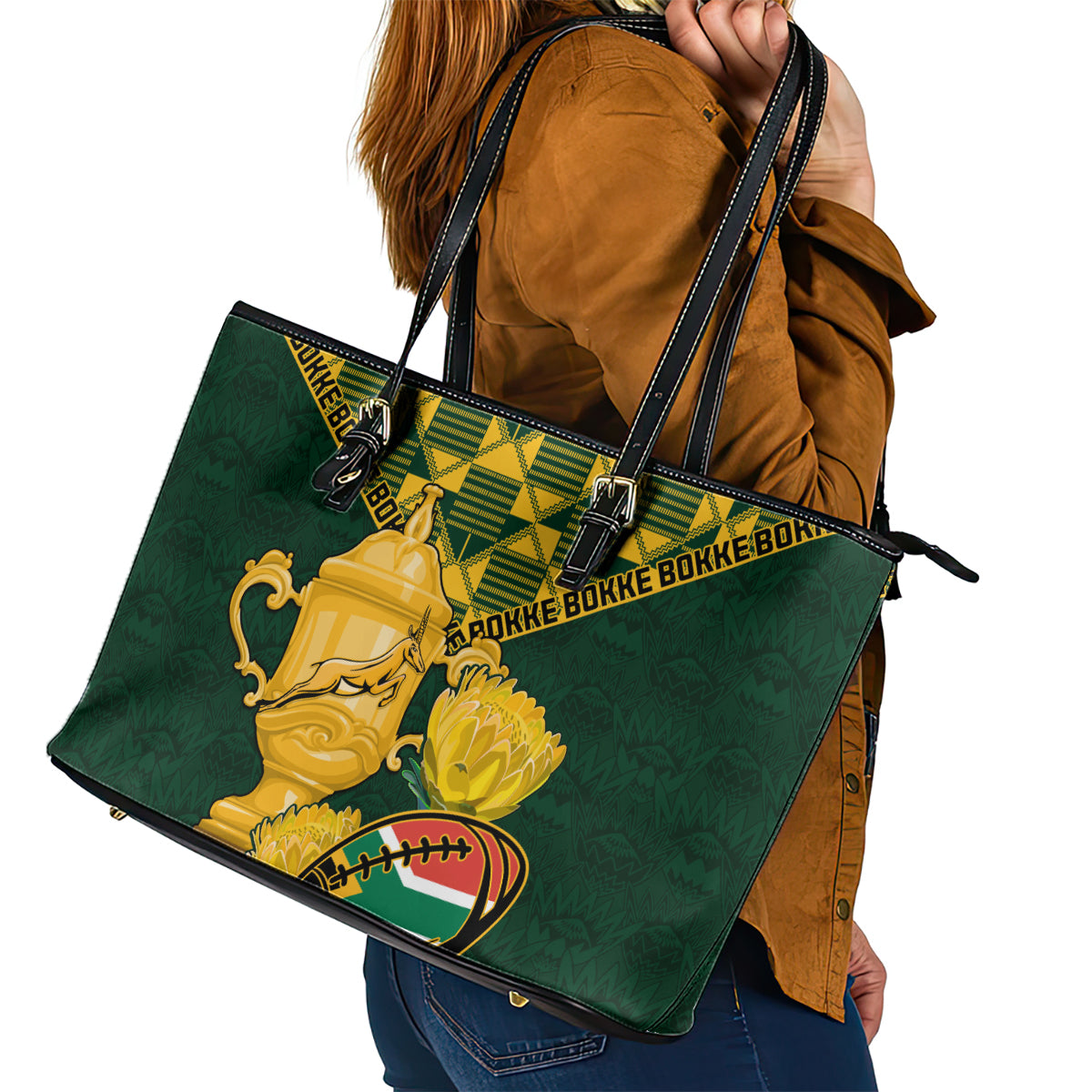 Custom South Africa Rugby Leather Tote Bag Go Bokke Champion 2023 World Cup - Wonder Print Shop
