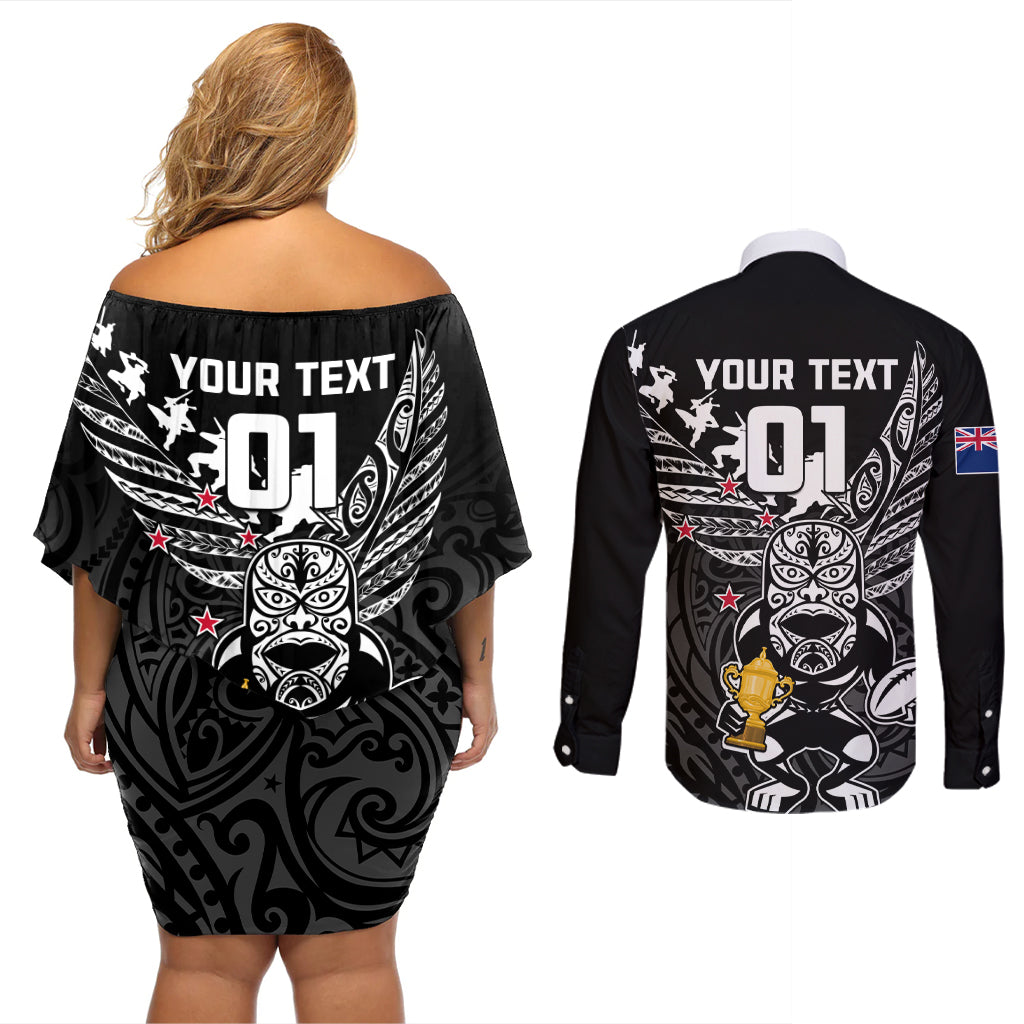 Custom New Zealand Silver Fern Rugby Couples Matching Off Shoulder Short Dress and Long Sleeve Button Shirt Aotearoa Champion 2023 World Cup - Wonder Print Shop