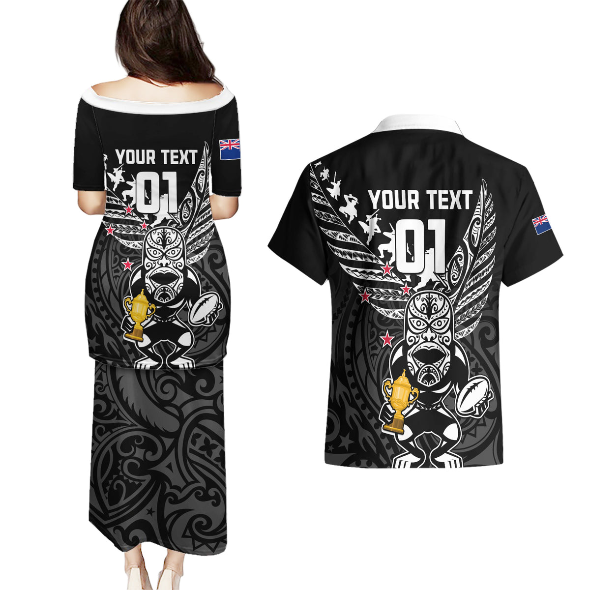 Custom New Zealand Silver Fern Rugby Couples Matching Puletasi Dress and Hawaiian Shirt Aotearoa Champion 2023 World Cup - Wonder Print Shop