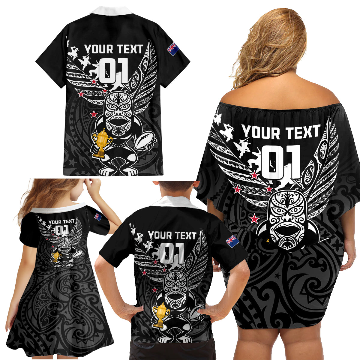 Custom New Zealand Silver Fern Rugby Family Matching Off Shoulder Short Dress and Hawaiian Shirt Aotearoa Champion 2023 World Cup - Wonder Print Shop