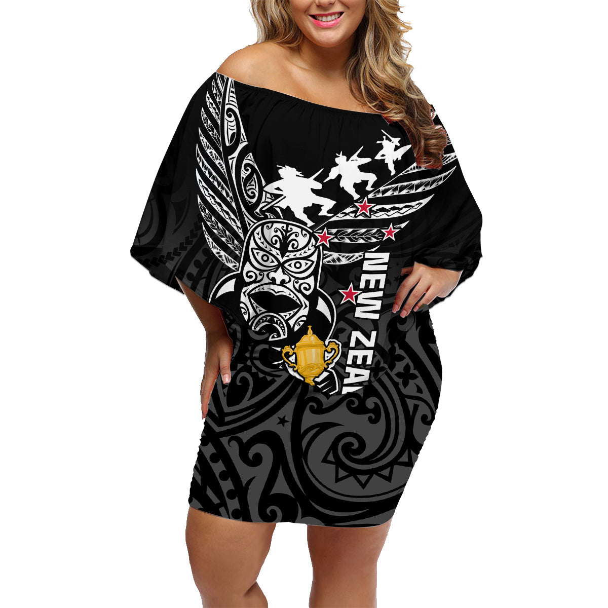 Custom New Zealand Silver Fern Rugby Family Matching Off Shoulder Short Dress and Hawaiian Shirt Aotearoa Champion 2023 World Cup - Wonder Print Shop