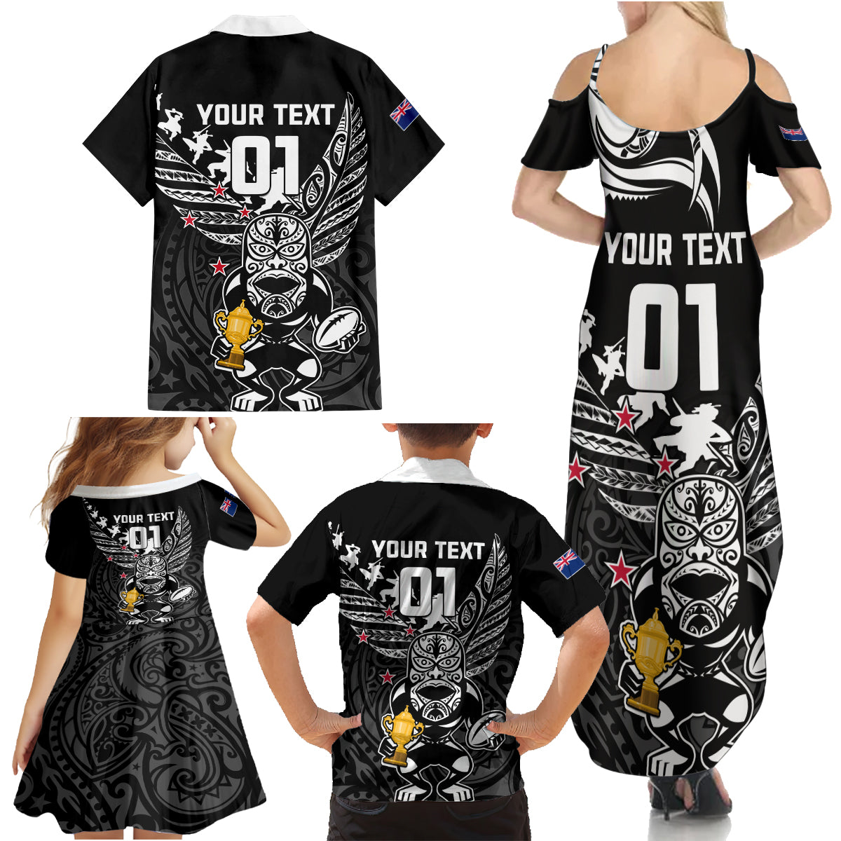 Custom New Zealand Silver Fern Rugby Family Matching Summer Maxi Dress and Hawaiian Shirt Aotearoa Champion 2023 World Cup - Wonder Print Shop