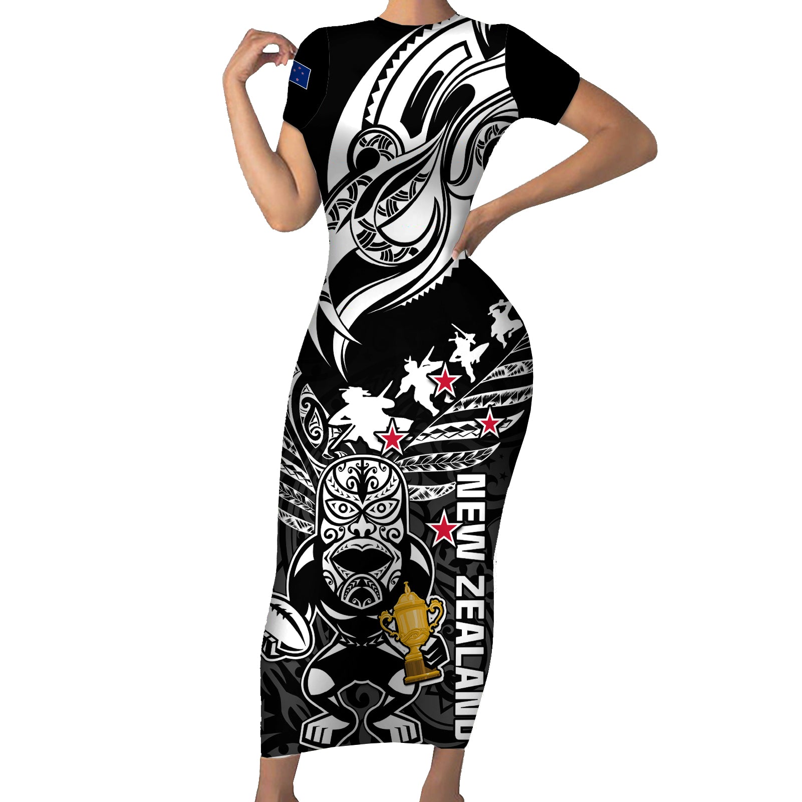 Custom New Zealand Silver Fern Rugby Short Sleeve Bodycon Dress Aotearoa Champion 2023 World Cup - Wonder Print Shop