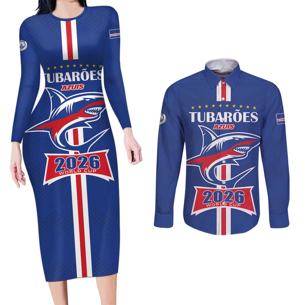 Custom Cape Verde 2026 Football Couples Matching Long Sleeve Bodycon Dress and Long Sleeve Button Shirt Blue Sharks WC Debut - Wonder Print Shop