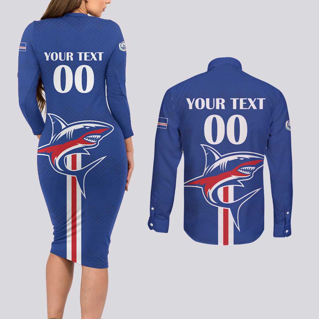 Custom Cape Verde 2026 Football Couples Matching Long Sleeve Bodycon Dress and Long Sleeve Button Shirt Blue Sharks WC Debut - Wonder Print Shop
