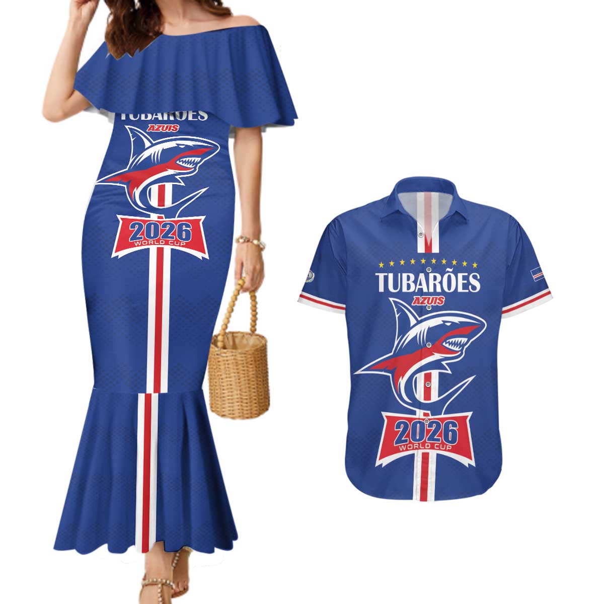 Custom Cape Verde 2026 Football Couples Matching Mermaid Dress and Hawaiian Shirt Blue Sharks WC Debut - Wonder Print Shop