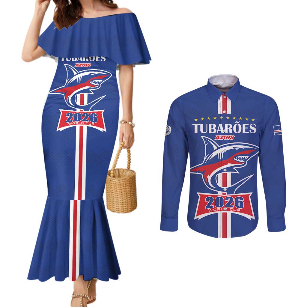Custom Cape Verde 2026 Football Couples Matching Mermaid Dress and Long Sleeve Button Shirt Blue Sharks WC Debut - Wonder Print Shop